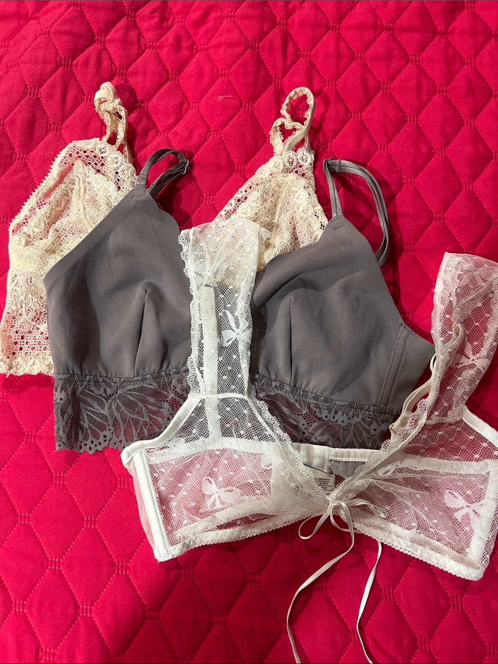 Lace-Trim Bralette Set — White, Taupe and Cream
